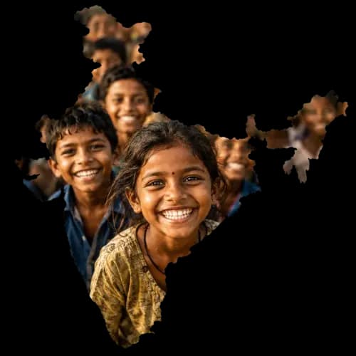 A map of India filled with a photograph of smiling children