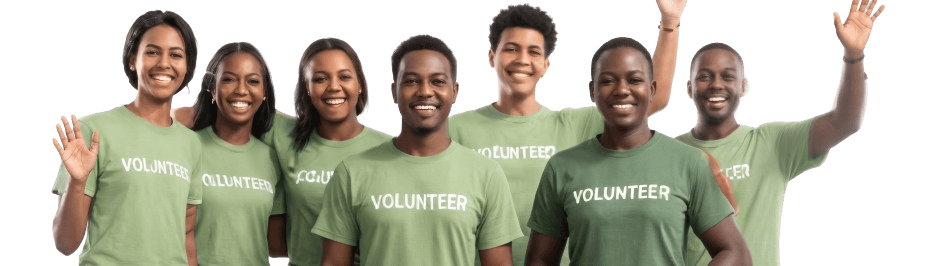 Volunteers in branded t-shirts smiling and waving
